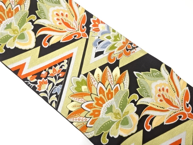 アンティーク　幾何学に花更紗模様織り出し袋帯(着用可)